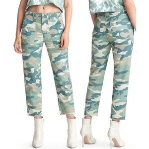 MOTHER The Shaker Chop Crop Blue Green Camo Pants Cotton Linen Raw Hem Size 28